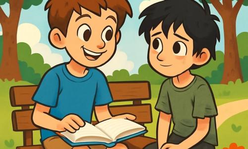 Um garoto de 12 anos, Lucas, com cabelo castanho e bagunçado, um sorriso caloroso e olhos curiosos, está sentado em um banco em um parque ensolarado. Ele usa uma camiseta azul e um short bege, segurando um livro aberto em seu colo, absorvido pela leitura. Ao lado dele, Gabriel, um garoto de 12 anos com cabelo negro e um pouco bagunçado, com um olhar tímido e roupas gastas, observa Lucas com um misto de admiração e reserva. Eles estão cercados por árvores verdes e flores coloridas, criando uma atmosfera tranquila e acolhedora. A cena principal mostra Lucas compartilhando ideias com Gabriel, fortalecendo sua amizade enquanto discutem seus sonhos e paixões.