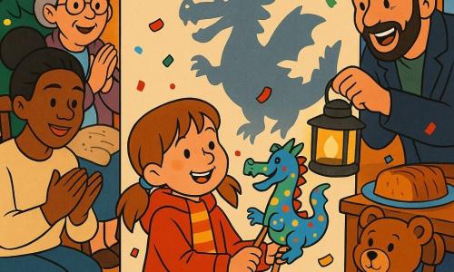 O fată de 8 ani cu păr castaniu deschis prins în două cozi, purtând palton roșu cu glugă și fular în dungi, ține o marionetă de carton (dragon confetti) în fața unui cearșaf alb folosit ca ecran de umbre; mama (~35 ani), părul prins, pulover crem, stă pe scaun la stânga și aplaudă zâmbind; tatăl (~38 ani), bărbie ușoară, jachetă închisă, e înclinându-se râzând la dreapta și ține o veioză în spate pentru iluminat; bunica (~68 ani), pulover tricotat și ochelari rotunzi, stă în spate și bate ritmic din palme; un ursuleț de pluș cu eșarfă stă pe un scaun de copil; interior cald de Revelion cu podea din lemn, brad luminat în stânga, masă cu cozonac și portocale în dreapta, zăpadă afară; atmosfera este de spectacol de umbre cu confetti colorate și accente retro anii '90 (culori blânde, contururi clare, textură desen animat).