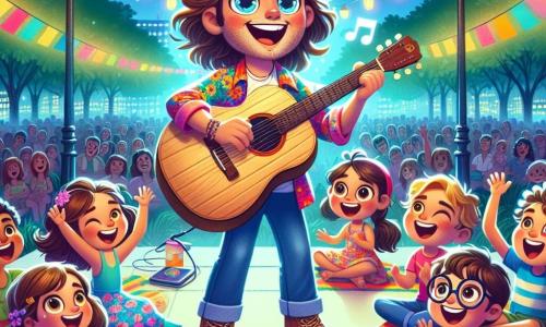 Un hombre alegre llamado Lucas, con largos cabellos castaños y una gran guitarra de madera, está en el escenario, sonriendo con ojos brillantes de emoción. Lleva una camisa colorida y jeans, y canta con pasión, rodeado de notas musicales flotantes. A su lado, cinco niños entusiastas: Clara, una niña de 6 años con trenzas y un vestido de flores que baila levantando los brazos; Tomás, un niño de 8 años con cabello rizado que hace como si tocara la guitarra con una gran sonrisa; Sofía, una niña de 7 años con gafas que canta a todo pulmón, y otros dos niños, un niño y una niña, que aplauden con alegría. El concierto se lleva a cabo en un animado parque central, lleno de familias sentadas sobre mantas coloridas, bajo un cielo estrellado, con farolitos iluminando la atmósfera festiva. La escena principal muestra a Lucas cantando una canción alegre que creó con los niños, mientras el público, compuesto por familias y niños, baila y canta con él, creando una atmósfera mágica y llena de felicidad.