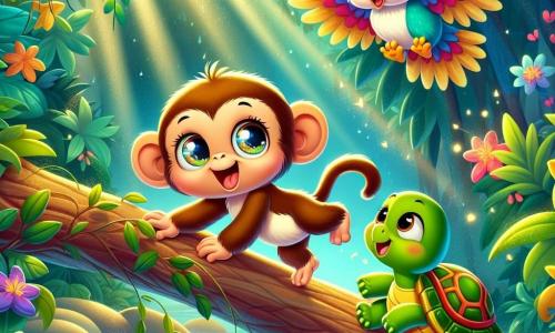 A little monkey named Milo, with shiny golden fur and big sparkling eyes, is hanging from a tree branch, joyfully laughing as he looks around. Next to him, a wise turtle named Lila, with an emerald shell and gentle eyes, stands on the ground, smiling and encouraging Milo with a kind expression. A colorful parrot named Polly, with bright red, blue, and yellow feathers, flies above them, wings spread, guiding them to their next adventure. The setting is a lush jungle filled with vibrant green foliage, colorful flowers, and sunlight filtering through the branches, creating a magical and enchanting atmosphere. The main scene shows Milo, Lila, and Polly preparing to cross a sparkling stream with slippery stones, while brave Milo makes a daring leap, ready to take on the challenge of the adventure ahead.