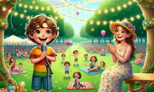 An 8-year-old boy, Oliver, with curly hair and a big smile, stands on a wooden stage holding a microphone. He wears a colorful t-shirt and shorts, and his face shows contagious joy as he recites a funny poem for Mother's Day. Next to him, his mom, Jessica, a woman around 35 with long brown hair and sparkling eyes, sits on a picnic blanket, proudly applauding. She wears a light floral dress and a straw hat, radiating happiness. The setting is a green park filled with joyful families, colorful balloons floating in the air, and stands of flowers and treats. Majestic trees line the park, and string lights twinkle above the stage. The main scene shows Oliver on stage, surrounded by attentive children, while his emotional mom smiles lovingly. It's a moment of celebration and sharing, filled with laughter and tenderness, capturing the spirit of Mother's Day.