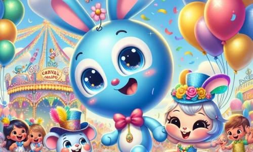 Un piccolo palloncino blu di nome Puff, con un volto sorridente e occhi scintillanti di curiosità, balla gioiosamente in mezzo a una festa di carnevale, circondato da coriandoli colorati che cadono dal cielo. Accanto a lui, una dolce coniglietta di nome Lalla, con grandi orecchie e un costume di fiori, salta di gioia, i suoi occhi brillanti di felicità. Un simpatico topino di nome Tito, con un piccolo cappello da clown, ride agitando le braccia, posizionandosi proprio dietro Puff. Il luogo è una piazza animata, decorata con ghirlande multicolori, palloncini fluttuanti e stand di dolci, con bambini in costumi scintillanti che ballano attorno a un grande carro decorato con fiori vivaci. La scena principale mostra Puff, Lalla e Tito che si divertono insieme, circondati da risate e musica, celebrando la magia del carnevale e l'importanza dell'amicizia.