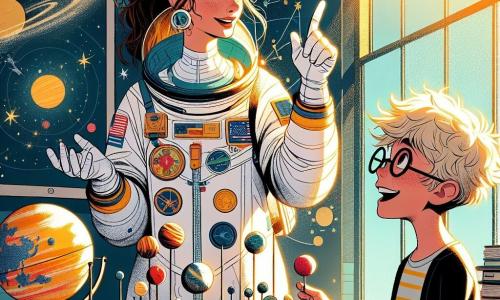 Op de voorgrond staat een vrouwelijke astronaut, Lisa, met bruin haar in een paardenstaart, gekleed in een witte ruimtepak met kleurrijke details. Haar gezicht straalt van opwinding en nieuwsgierigheid terwijl ze met haar vinger wijst naar een maquette van het zonnestelsel die ze heeft gemaakt met een jongen. Naast haar kijkt Tim, een 10-jarig jongetje met rommelig blond haar en ronde bril, verwonderd naar de maquette met een grote glimlach op zijn gezicht. Hij houdt een kleine papieren planeet in zijn hand, klaar om deze aan hun project toe te voegen. De setting is een heldere klaslokaal met muren versierd met posters van sterren en planeten. Raamkozijnen laten zonlicht binnen, dat een zwart bord verlicht vol tekeningen van sterrenstelsels en astronauten. De hoofdscène toont Lisa en Tim die in gesprek zijn en hun passie voor de ruimte delen, omringd door hun creaties, terwijl er een sfeer van kameraadschap en inspiratie in de lucht hangt.
