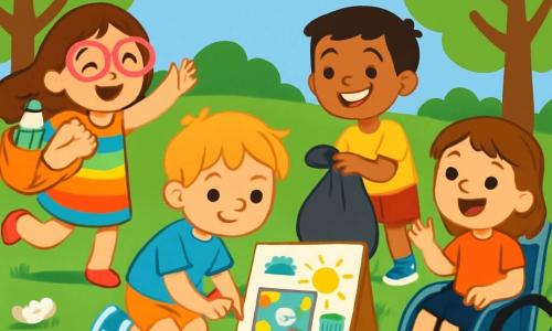 There are 4 children: Mia, a 7-year-old girl with long brown hair and pink glasses, wearing a colorful dress and joyfully dancing while holding a backpack full of recyclable waste; Leo, an 8-year-old boy with messy blonde hair and a blue t-shirt, sitting on the grass drawing a large colorful sign with crayons; Sam, a 6-year-old boy with black hair and a bright smile, wearing red shorts and helping to pick up trash with a garbage bag; and Rosie, a 7-year-old girl with brown hair and a big smile, in her blue wheelchair surrounded by flowers, encouraging her friends to clean the park. The scene takes place in a sunny park with large green trees, colorful flowers, and a clear blue sky. The ground is scattered with litter, but the children are working together to clean it up, creating a colorful sign to encourage others to keep the park clean. They are all smiling and full of energy, conveying a joyful message about the importance of caring for nature.