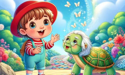 A 2-year-old boy named Timmy, wearing a bright red hat and with big curious eyes, stands on a sparkling path made of colorful stones. He has a wondrous smile, arms open, as if ready to discover a magical world. Next to him, a wise old turtle with a green shell adorned with golden patterns speaks to him slowly. She has a friendly and caring expression, sitting on a stone near the path. Above them, a gentle breeze is represented by wavy lines and floating leaves, giving the impression of whispering secrets to the little boy. The setting is an enchanting garden filled with colorful flowers, majestic trees, and a bright blue sky. The sparkling path winds through this magical landscape, illuminated by sunlight. The main scene shows Timmy listening attentively to the turtle, eyes closed, absorbing lessons of happiness and kindness from the surrounding nature.
