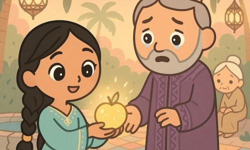 Main character: Laila, a dreamy smiling young woman with large bright eyes, braided black hair with golden beads, wearing a light turquoise dress embroidered with gold, gently holding a sparkling golden fruit with a soft confident posture; Secondary: King Zamar, about 45, round-faced with a short gray beard and tearful sad eyes, in a long purple coat with geometric embroidery, reaching toward the fruit, surprised and moved, standing beside Laila; Secondary: a mysterious old woman, small and stooped with white hair in a bun and simple beige linen clothes, seated by a cracked fountain in the background, with a benevolent gaze; Setting: a secret palace garden inspired by One Thousand and One Nights, mosaic-paved paths, cracked stone fountains, stylized palms, pierced metal lanterns and a pink-and-gold twilight sky; Main scene: Laila offers the magical fruit to the king at the garden's center, a soft golden light emanates from the fruit, expressions of surprise and warmth, peaceful magical atmosphere with warm colors and soft contrasts.