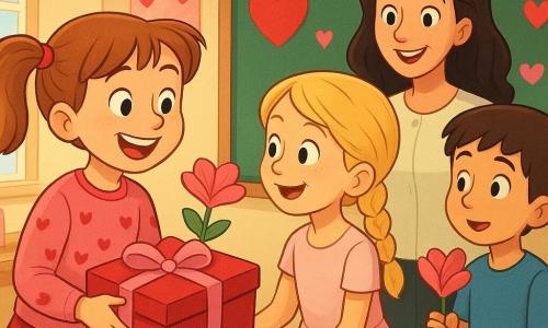 An 8-year-old girl, proud and beaming with light brown pigtails, wearing a pink heart sweater and red skirt, holds a large closed red box tied with a big pink bow and offers a napkin flower to a friend; a 7-year-old blonde girl in a pale pink dress leans forward, delighted to receive it, while an 8-year-old boy with short brown hair in a blue T-shirt stands beside them holding another napkin flower and looking at the box; a smiling female teacher in her thirties with loose black hair and a light blouse watches approvingly from near the board; the classroom is decorated for Valentine’s Day with red and pink heart garlands, banners and cards on the tables, warm light through the windows, and the scene centers on the joyful exchange with vivid colors and small details like napkin folds, bow texture and subtle glitter on the decorations.