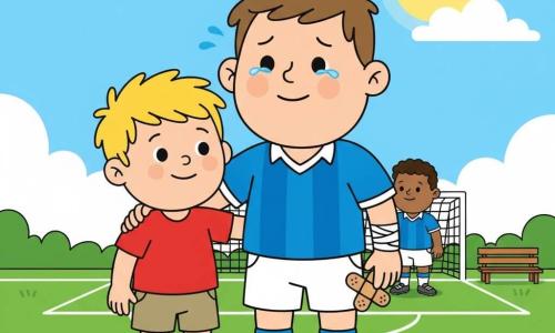 Un hombre futbolista herido, triste pero sonriendo, rostro redondo, pelo castaño corto, piel clara, con lágrimas y una venda en la pierna izquierda cojeando ligeramente, viste camiseta azul a rayas, pantalón blanco y medias largas; a su lado Lucas, niño de unos 8 años, pelo rubio despeinado, sonriente y alentador, con la mano en el hombro del hombre, camiseta roja y short kaki; sobre un campo de césped verde con líneas blancas, un arco blanco al fondo y un pequeño banco de madera al lado, bajo un cielo azul claro con un gran sol amarillo y pocas nubes; situación principal: el hombre y el niño se reconfortan en el campo, ambiente cálido, colores vivos, rasgos redondeados y expresiones claras, composición centrada en su abrazo amistoso.