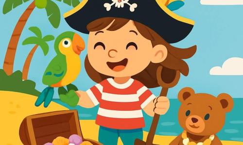 Uma jovem pirata, Lara, está de pé em uma praia dourada, com um grande sorriso no rosto. Ela usa um chapéu de pirata preto adornado com uma pena colorida e uma camisa listrada vermelha e branca. Seus cabelos castanhos voam ao vento, e ela segura uma pá de madeira, pronta para cavar. Ao lado dela, um papagaio colorido chamado Paco, com penas verdes e amarelas, está empoleirado em seu ombro, olhando com curiosidade para o mar. Um urso de pelúcia chamado Ted, que parece suave e aconchegante, está sentado na areia, com um colar de conchas ao redor do pescoço, observando Lara com admiração. A cena acontece em uma ilha tropical, com palmeiras verdes e um mar azul turquesa brilhante ao fundo. Conchas multicoloridas estão espalhadas na areia quente, e o céu é de um azul radiante, salpicado de algumas nuvens brancas fofas. Lara e seus amigos descobrem um tesouro escondido na areia, uma caixa cheia de conchas brilhantes, e estão prestes a criar lindos colares, cheios de excitação e alegria.
