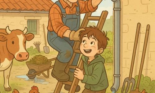 Homem adulto agricultor, calmo e afetuoso, rosto enrugado, cabelos curtos grisalhos, camisa xadrez terracota, macacão jeans e luvas gastas, numa escada de madeira retirando um ninho de folhas molhadas da calha com sorriso tranquilo; garoto de ~9 anos (Tomás), curioso e maravilhado, cabelo castanho despenteado, bochechas levemente sujas, jaqueta verde, joelhos sujos, segurando a base da escada e rindo; vaca malhada marrom e branca à esquerda junto a uma poça reflectora e uma galinha ruiva ciscando à direita; quintal de fazenda ao fundo com casa de pedra clara e telhado de telhas vermelhas, calhas de zinco, poças brilhantes num caminho de cascalho, carrinho de madeira com folhas, ferramentas encostadas e uma fileira de verduras atrás de uma cerca baixa; cena principal: limpeza da calha após a chuva, água começando a correr limpa pelo tubo, poças escoando suavemente, luz de fim de manhã e cores quentes.