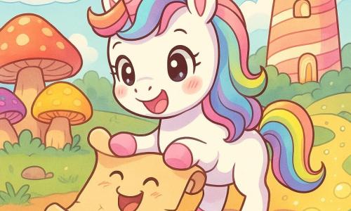 Una unicornio blanca llamada Chispa, alegre y asombrada, con crin multicolor como helados, grandes ojos brillantes, pequeñas hoyuelos y cascos rosados que hacen 
