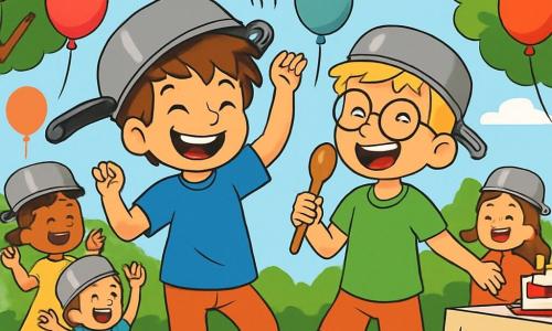 Er zijn 2 hoofdpersonen: - Sam: Een 9-jarig jongen met rommelig bruin haar, een rode pet en een blauwe t-shirt. Hij danst vrolijk met een grote pan op zijn hoofd en een stralende glimlach op zijn gezicht. - Milo: Een 9-jarig jongen met blond haar en ronde bril. Hij draagt een groene t-shirt en shorts. Hij houdt een houten lepel vast als een microfoon, klaar om te zingen, terwijl hij lacht. De locatie is een mooie zonnige tuin, vol met kleurrijke ballonnen die in de lucht zweven, papieren slingers die aan de bomen hangen, en een grote tafel versierd met taarten en sprankelende dranken. Kinderen dansen om hen heen, wat een feestelijke en vrolijke sfeer creëert. De belangrijkste situatie toont Sam en Milo die hun "Pannendans" uitvoeren, met lachen en vreugde, terwijl hun vrienden hen omringen, allemaal met keukengerei op hun hoofd, in een verjaardagsfeest vol kleuren en goede stemming.