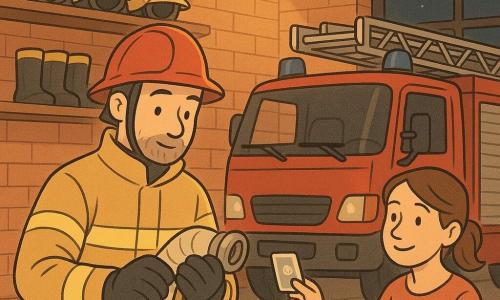 Volwassene man (Milan), kalme geconcentreerde emotie, zacht gezicht met beginnende baard, rood helm iets scheef, reflecterende gele brandweerjas, hij controleert een grote glanzende brandslang met zwarte handschoenen, zelfverzekerde geruststellende houding; vrouw (Sana, ±30), haar opgestoken, vriendelijke glimlach, zittend aan een tafel bij het raam met een stapel kaarten en ze toont een kaart aan Milan; glanzende rode brandweerwagen binnen in de kazerne, sirene uit, ingeklapte ladder; interieur kazerne 's nachts: lichte bakstenen muren, rekken met op elkaar geplaatste helmen en laarzen, warme hanglamp met zachte schaduwen; hoofdscène: rustige voorbereiding voor alarm, georganiseerd en klaar om uit te rukken, lichte geruststellende spanning, compositie gefocust op Milan met de wagen op de achtergrond, warme kleuren en sterke contrasten.