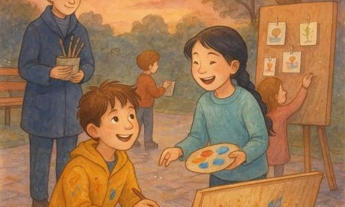 Un niño de 10 años, pelo castaño alborotado y sonrisa tierna, agachado pintando un gran panel de madera con un pincel ancho; detrás, Lúa, una niña de 10 años de trenza y suéter verde agua, ríe y le ofrece una paleta multicolor; a la izquierda, una mujer de unos 40 años con moño gris y abrigo azul marino sostiene una caja de pinceles y sonríe; otros dos niños juegan cerca, uno dibuja hojas y la otra cuelga pequeñas tarjetas con historias en las ramas de un panel-art; el parque al crepúsculo muestra senderos brillantes, bancos, farolillos y un cielo rosado anaranjado; la escena sugiere una comunidad creando teatro visual con pinceles en movimiento, salpicaduras de pintura viva y tarjetas suspendidas iluminadas por luz de linternas.