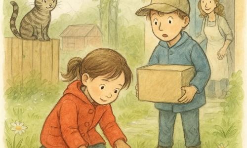 De scène toont Mila (6) knielend in het natte gras, geconcentreerd en opgelucht, bruine staartjes, rode regenjas met grote knopen, met vuile kleine handen een rond kompas tussen madeliefjes oppakkend; Noor (±7) staat naast haar met een te grote pet over de ogen, verraste maar behulpzame blik, handen aan de rand van een bezorgdoos op het tuinpad; hun moeder (±35) staat in de achterdeur, glimlachend en licht voorovergebogen met een licht schort, klaar om de doos aan te nemen; een gestreepte kat zit op de houten schutting met een guitige blik; kleine voorstedelijke tuin na de regen: glanzend gras met fonkelende plassen, lage bloembedden, een rood houten schuurtje links, een klimrozenboog rechts en een lichtblauwe achterdeur; hoofdactie: ontdekking en opluchting — Mila vindt haar kompas terwijl Noor de doos bewaakt en de moeder de deur opent, vochtige sfeer met zachte kleuren, regendruppels, voetafdrukken en een huiselijk avontuurlijk gevoel.