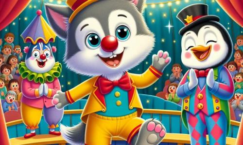 Un piccolo lupo di nome Lino, con un pelo grigio e occhi scintillanti di gioia, indossa un grande naso rosso da clown e sorride saltando su un palco da circo. Accanto a lui, un clown gioioso con un costume colorato e un cilindro, ride incoraggiandolo a ballare. Un pinguino carino, con un piccolo cappello nero e un papillon rosso, applaude entusiasta, stando proprio dietro Lino. Il luogo è un grande tendone da circo, pieno di luci scintillanti e palloncini colorati, con spettatori meravigliati seduti su panchine di legno. La scena principale mostra Lino che, dopo essere scivolato, si rialza ridendo, pronto a continuare il suo numero da clown sotto gli applausi del pubblico.