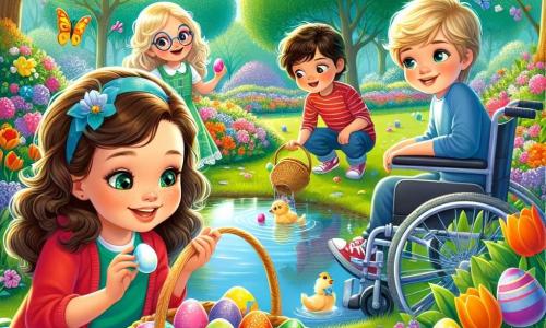 In un magnifico parco primaverile, quattro bambini sono riuniti per una caccia alle uova di Pasqua. Marco, un ragazzo di 12 anni con capelli castani e occhi vivaci, è al centro, sorridente con un cestino di vimini pieno di uova colorate. Alla sua sinistra, Sara, una ragazza di 11 anni con capelli ricci e occhiali, esamina attentamente un tulipano, incuriosita da un movimento. A destra, Luca, un ragazzo di 12 anni con capelli biondi e pelle chiara, indica un uovo giallo che galleggia nel laghetto, ridendo con entusiasmo. Infine, Giulia, una ragazza di 11 anni con capelli castani e occhi dolci, è seduta nella sua sedia a rotelle, sorridendo felicemente, con un cestino ai suoi piedi. Il parco è pieno di fiori brillanti, grandi alberi verdi e un laghetto scintillante dove l'acqua riflette il cielo blu. Gli uccelli cantano gioiosamente e farfalle colorate volano intorno ai bambini, aggiungendo un tocco di magia all'atmosfera. La scena principale mostra i bambini in piena ricerca, alla ricerca con eccitazione dell'uovo magico nascosto, mentre i raggi di sole illuminano i loro volti meravigliati, creando un'atmosfera gioiosa e festosa.