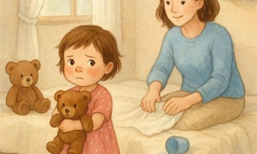 Bambina di 2 anni al centro, volto leggermente arrossato, occhi lucidi, bocca serrata, tiene il suo orsacchiotto marrone peluche al petto; capelli corti castani, vestitino rosa a pois bianchi e calzini a righe. La madre, circa 32 anni, seduta a destra sul bordo del letto con sorriso dolce, asciuga un lenzuolo con un panno bianco; indossa maglione azzurro e pantaloni beige. L'orsacchiotto è sul letto a sinistra, morbido e rassicurante. Stanza illuminata dalla luce mattutina, finestra aperta con tenda bianca leggera, pareti crema, tappeto senape e piccola mensola con libri. Sul letto coperta crema stropicciata, bicchiere blu rovesciato con qualche goccia e panno accanto. Scena calma e tenera, gesto semplice e rassicurante, espressioni dolci, palette pastello, texture acquerellate e contorni lievemente sfumati.