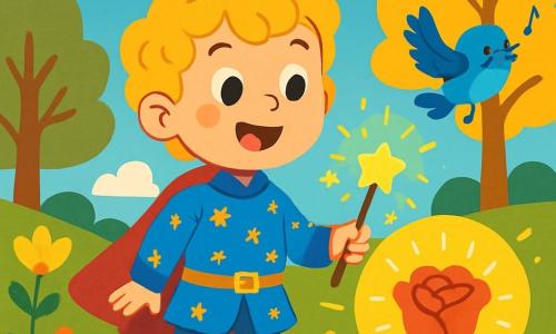 Un giovane principe di circa 8 anni, con capelli biondi e ricci, indossa una tunica blu decorata con stelle dorate. Ha un grande sorriso meravigliato sul volto, gli occhi brillanti di curiosità, e tiene in mano una bacchetta magica scintillante. Accanto a lui, un piccolo uccello blu dalle piume brillanti vola gioiosamente, cantando una dolce melodia. Lo sfondo è un giardino incantato, pieno di fiori colorati che danzano al vento, con alberi maestosi dalle foglie dorate e un cielo blu brillante punteggiato di nuvole bianche e soffici. La scena principale mostra il principe che scopre la bacchetta magica sotto una rosa splendente, circondato da un'aura luminosa, pronto a vivere un'avventura fantastica.
