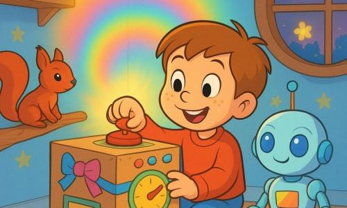 Un niño de 4 años, sonrisa maravillada, cabello castaño claro corto y pecas, pulsa un botón rojo brillante; frente a él, una máquina del tiempo de cartón decorada con lazos y diales emite un halo arcoíris suave; a su derecha, un robot infantil del tamaño de un conejo, metal pulido y colores pastel, con ojos redondos azul eléctrico sostiene una guirnalda de flores estrelladas; en una rama baja entraquirillo, una ardilla hembra de pelaje rojizo observa la escena; la habitación, cálida y ordenada, con paredes azul pálido con estrellas, una estantería de madera y una ventana circular que muestra un cielo crepuscular y flores luminosas flotando; ambiente de asombro y ternura, composición centrada en el niño y la máquina.
