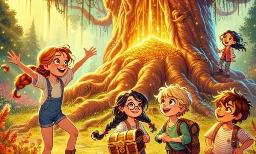 Cuatro pequeños aventureros se encuentran al pie de un inmenso árbol gigante, con los ojos brillantes de emoción. Clara, una niña de seis años con largos cabellos castaños y gafas redondas, observa maravillada el cofre dorado que acaba de descubrir, con las manos en las caderas. Tomás, un niño de seis años con cabello rubio y pecas, señala el cofre con una gran sonrisa, levantando los brazos en señal de victoria. Sofía, una niña de seis años con cabello negro y una pequeña trenza, se agacha cerca del árbol, examinando la piedra mágica que brilla en su mano. Lucas, un niño de seis años con cabello castaño y ojos chispeantes, está trepando por una rama baja, listo para explorar más alto. El lugar es un parque encantado, bañado de luz dorada, con flores coloridas que bailan al viento y pájaros cantando en las ramas. El enorme árbol, con su tronco nudoso y hojas exuberantes, parece albergar secretos mágicos. La situación principal muestra a los amigos descubriendo un cofre misterioso, lleno de magia, que los lleva a una increíble aventura, mientras se preparan para explorar el mundo fantástico que se abre ante ellos.