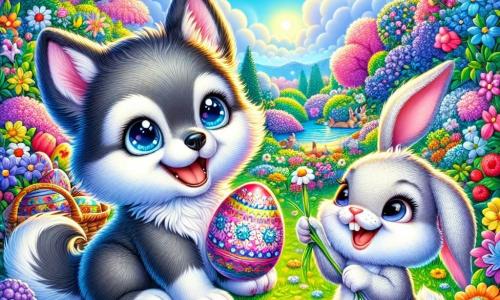 Ein kleiner Wolf mit funkelnden Augen und weichem, grauem Fell, der Freude auf seinem Gesicht trägt, sitzt inmitten eines bunten Gartens, umgeben von leuchtenden Blumen in allen Farben. Er hält ein dekoriertes Osterei in seinen Vorderpfoten und bewundert seine Schönheit mit Staunen. Neben ihm springt ein kleiner Hase mit großen Ohren und weißem Fell, der strahlend lächelt, fröhlich umher, während er ein Grashalm im Mund hält. Der Garten ist ein wahres Frühlingsbild, gefüllt mit leuchtenden Blumen, schwirrenden Schmetterlingen und einem klaren blauen Himmel, der von flauschigen weißen Wolken durchzogen ist. Im Hintergrund steht ein majestätischer großer Baum, der mit rosa Blüten bedeckt ist und dem bezaubernden Landschaftsbild einen Hauch von Magie verleiht. Die Hauptsituation zeigt den kleinen Wolf und den Hasen, die fröhlich auf Ostereiersuche sind, zusammen lachen und Spaß haben, während sie versteckte Schätze zwischen den Blumen entdecken und die Schönheit des Frühlings genießen.