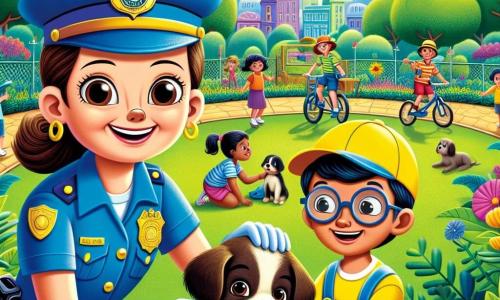 In the foreground, a young policewoman, Lucy, is depicted with a big smile on her face. She is wearing a bright blue uniform, a shiny badge on her chest, and a safety helmet. Her brown hair is tied back in a ponytail, and she is crouching next to a lost puppy, looking full of compassion and enthusiasm. Next to her is an 8-year-old boy named Tommy, wearing a bright yellow cap and glasses, gazing at the puppy with wonder. He is sitting on Lucy's bicycle handlebars, gripping the bar, ready to help. In the background, Sunnyville Park is filled with lush greenery, vibrant trees, and children playing games. Colorful flowers line the paths, and the sky is a bright blue, dotted with fluffy white clouds. The main scene shows Lucy and Tommy discovering the lost puppy in the park, ready to help and find its owner, illustrating the spirit of cooperation and safety in their community.