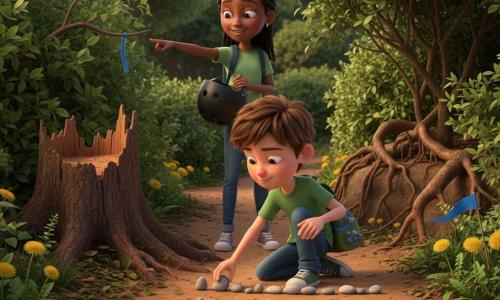 Milo, a joyful, focused 12-year-old with fair skin and slightly tousled short brown hair, wearing a green T‑shirt and jeans, is crouched on a dirt path carefully lining up a small row of grey and white pebbles with one hand while the other holds a backpack that jingles with stones; Jada, around 12, attentive and smiling, darker-skinned with braided black hair and a scooter helmet hooked on her arm, stands just behind him pointing to a low branch with a blue string attached, watching and advising. The path, edged by green hedges and scattered leaves, is blocked by a fallen stump with a narrow detour between two bushes showing exposed roots; in the foreground, small packs of five pebbles form a repeating pattern, yellow dandelions mark the direction, a bit of blue string flutters like a flag between branches, and flat stones serve as stepping stones across a muddy puddle. Late-afternoon warm, contrasting light and crisp textures (cracked wood, smooth stone, satin leaves) emphasize the collaborative, precise gestures and the confident, serene expressions as they create a safe, playful route.