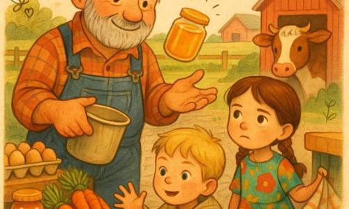 A round-faced, graying-bearded farmer with a gentle smile and tired kind eyes wears a worn cap, plaid shirt and denim overalls; he holds a bucket of feed and steadies a jar of honey against the wind. Mia, about 6, chestnut hair in braids and a colorful dress, looks curious and serious as she holds a corner of a market tablecloth to the farmer's right. Leo, about 5, a blond boy in a light jacket with a lively, focused expression, stands slightly in front with hands ready to catch. In the background a brown-and-white cow named Daisy with a soft muzzle watches from the doorway of a red wooden barn nearby. The scene is a morning village market on a paved square with wooden stalls displaying cartons of eggs, bunches of bright orange carrots and amber jars of honey; beyond are green fields, hedges and the barn under a pale pink morning sky. The composition is warm with saturated colors, visible fabric, wood and skin textures, small doodled bees and overlaid notes and seeds.