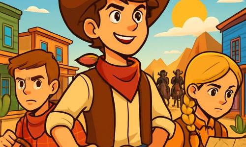 Um jovem cowboy chamado Lucas, um homem de cerca de 20 anos, com um grande chapéu de cowboy, cabelos castanhos bagunçados e um sorriso determinado, está no centro da imagem, pronto para defender sua cidade. Seus olhos brilham com coragem enquanto ele olha para o horizonte. À sua direita, Jake, um garoto de 18 anos, com uma camisa xadrez vermelha e um bandana no pescoço, observa atentamente, segurando uma corda nas mãos, pronto para agir. À sua esquerda, Maria, uma jovem de 17 anos, com cabelos longos e loiros trançados, usa um colete de couro e examina um mapa, concentrada em seu plano de ataque. O cenário é uma pequena cidade do Oeste americano, com edifícios de madeira coloridos, cactos verdes espalhados e um céu azul brilhante com nuvens brancas fofas. Ao longe, majestosas montanhas se erguem sob o sol poente. A cena principal mostra Lucas e seus amigos se preparando para enfrentar uma gangue de bandidos ameaçadores que se aproximam a cavalo, com expressões de determinação em seus rostos, prontos para defender sua cidade com coragem e camaradagem.