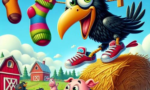 A mischievous crow named Rascal, with shiny black feathers and sparkling eyes, wears bright red sneakers and is about to jump from a haystack, a big smile on his beak. Next to him, Penny Pig, a small pink pig with brown spots and round curious eyes, watches eagerly with her little ears perked up, while she rubs her hooves in the mud. In the background, the farm setting is vibrant: a bright blue sky, green fields, and a clothesline with a colorful sock that seems to be slipping, catching everyone's attention. The scene shows Rascal ready to take on the challenge of retrieving the slipping sock without touching the ground, surrounded by curious animals cheering him on enthusiastically.