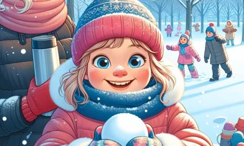 Ein 11-jähriges Mädchen namens Emma steht lächelnd im Mittelpunkt der Szene, mit rosigen Wangen vom Frost. Sie trägt eine dicke rosa Jacke, eine blaue Wollmütze und bunte Handschuhe, während sie sich darauf vorbereitet, einen Schneeball zu werfen. Ihre Augen strahlen vor Aufregung und Freude. Neben ihr steht ihre Mutter, eine etwa 35-jährige Frau, gekleidet in einen langen schwarzen Daunenmantel und einen roten Schal. Sie lächelt liebevoll, während sie ihre Tochter ansieht und einen Thermosbecher mit heißer Schokolade in einer Hand hält. Die Kulisse ist ein winterlicher Park mit majestätischen, schneebedeckten Bäumen und sanft fallenden Schneeflocken vor einem hellblauen Himmel. In der Ferne spielen Kinder und Familien spazieren, was eine festliche und fröhliche Atmosphäre schafft. Die Hauptsituation zeigt Emma beim Spielen im Schnee, bereit, einen Schneeball zu werfen, während ihre Mutter sie mit einem warmen Lächeln ermutigt und den fröhlichen Geist eines Wintertages mit der Familie einfängt.