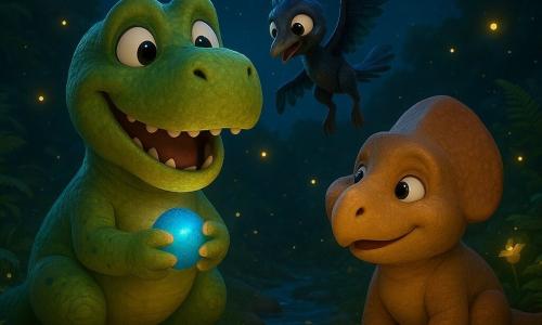 A young Tyrannosaurus Rex named Tavi, with green scales speckled with freckles, shows an expression of joy and relief. He holds a small shiny blue pebble in his paw, clutching it to his chest. Next to him, Flicker the Microraptor, with black and blue-green feathers, floats in the air, his eyes sparkling with mischief. Nub the Protoceratops, with his round face and single small horn, stands next to Tavi, a benevolent smile on his face. They are all three by a shimmering stream, surrounded by lush ferns and bright moon flowers. The scene unfolds under a starry sky, where fireflies dance around them, illuminating the night with a soft golden glow.
