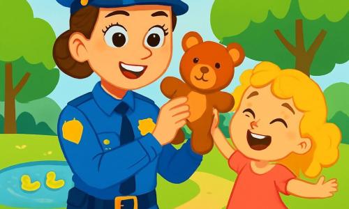 A smiling police officer, Officer Emma, is a woman in her thirties with brown hair in a bun, wearing a bright blue uniform. She has sparkling eyes of determination and holds a small teddy bear in her arms, showing a joyful and proud expression. Next to her, a 6-year-old girl, Mia, has curly blonde hair and is wearing a pink dress. She is jumping for joy, holding her recovered teddy bear, with a big smile on her face. The scene takes place in a sunny park with lush green trees, colorful flowers, and a shimmering pond in the distance. Ducks swim peacefully on the water's surface, adding life to the environment. The main situation shows Officer Emma and Mia celebrating the reunion of Mr. Snuggles, the teddy bear, after a search adventure, surrounded by laughter and happiness, illustrating the importance of cooperation and safety.