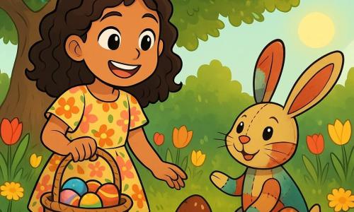 A 10-year-old girl named Maya, with curly brown hair and sparkling curious eyes, stands in the center of the image, a big smile lighting up her face. She wears a floral spring dress and colorful sandals, holding a wicker basket filled with brightly painted eggs. Beside her, a small rabbit in a patchwork costume, with big ears and mischievous eyes, looks at Maya enthusiastically, ready to join her adventure. The setting is a lush garden filled with colorful tulips and dandelions, with a large oak tree and dense foliage in the background. Sunlight filters through the branches, creating dancing shadows on the ground. Maya and the rabbit are in front of an old oak tree, discovering a chocolate egg hidden in the roots, surrounded by vibrant flowers and the sweet scent of spring.