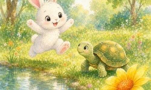 Un pequeño conejo blanco y esponjoso (protagonista), ojos grandes y brillantes, sonrisa alegre, orejas largas rosadas, salta y corre feliz sobre la hierba verde; una tortuga lenta y redondeada (secundaria) con caparazón verde y motivos amarillos, rostro sereno, camina junto a un pequeño estanque mirando al conejo; una flor solitaria de pétalos amarillos y centro naranja en primer plano a la derecha inclinada al sol; claro en verano con hierba texturada, flores dispersas, estanque que refleja el cielo y árboles al fondo; escena de amistad veraniega, ambiente luminoso, colores suaves y cálidos, estilo acuarela infantil, composición simple y legible.