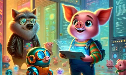 In een kleurrijke hoek van TechnoVille staat Pippin, een van de Drie Kleine Varkens, in het midden met een stralende glimlach op zijn gezicht. Hij is een klein roze varken met sprankelende ogen en ronde oren, gekleed in een blauwe overall en een gestreept t-shirt. Hij gebruikt een tablet om de plannen voor hun futuristische huis te tekenen, omringd door glinsterende technologische gadgets. Naast hem is Pompom, een ander klein varken, bezig met het programmeren van een robot die de vloer schoonmaakt. Hij kijkt geconcentreerd, met ronde bril op zijn neus en rommelig bruin haar. Pompom draagt een groene t-shirt en een oranje broek, en staat iets op de achtergrond, kijkend naar de resultaten van zijn werk. Op de achtergrond kijkt Wolfie, de grote boze wolf, nieuwsgierig toe, met een gezicht dat aarzeling uitdrukt. Hij heeft een grijze vacht en gele ogen, en draagt een leren jas. Hij staat op een afstand, geïntrigeerd door het werk van de varkens, terwijl er een lichte glimlach op zijn lippen verschijnt. De setting is een futuristische tuin, vol groene planten en kleurrijke bloemen, met huizen in geometrische vormen en glinsterende zonnepanelen onder de zon. Hologrammen van tekeningen zweven in de lucht, wat een magische toets aan de omgeving toevoegt. De hoofdscene toont Pippin en Pompom die samen aan hun ecologische huisproject werken, terwijl Wolfie, aanvankelijk wantrouwend, begint geïnteresseerd te raken in hun creativiteit en vriendschap, wat het begin van een nieuwe samenwerking symboliseert.