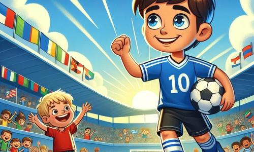 Un tânăr, Alex, se află în centrul imaginii, cu un zâmbet larg pe față, plin de entuziasm și determinare. Poartă un tricou de fotbal albastru cu numărul 10, un șort asortat și ghete de fotbal strălucitoare. Are părul brun și ușor dezordonat și driblează o minge de fotbal pe teren. Lângă el, un băiat pe nume David, în vârstă de aproximativ 8 ani, se uită cu admirație. Are părul blond, ochii strălucind de bucurie și poartă un tricou roșu și un șort negru. Ține o minge de fotbal veche sub braț și face un gest de încurajare către Alex. Fundalul este un stadion mare plin de suporteri, cu steaguri colorate fluturând și fețe zâmbitoare în tribune. Cerul este albastru cu câteva nori albi, iar soarele strălucește, iluminând terenul verde. Situația principală îl arată pe Alex driblând mingea, pregătindu-se să marcheze un gol, în timp ce David îl încurajează cu entuziasm, creând o atmosferă de camaraderie și pasiune pentru fotbal.