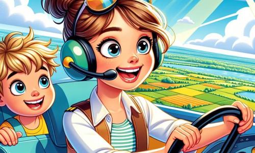 Eine begeisterte Pilotin, Anna, sitzt im Cockpit ihres leuchtend gelben Flugzeugs, mit braunen Haaren, die zu einem Dutt gebunden sind, und Sonnenbrille auf der Nase. Sie lächelt breit, ihre Augen strahlen vor Aufregung, während sie das Steuer festhält, bereit zum Abheben. Neben ihr sitzt ein etwa 8-jähriger Junge namens Max, mit großen leuchtenden Augen und zerzausten blonden Haaren. Er sitzt auf dem Beifahrersitz, die Hände auf dem Armaturenbrett, und schaut fasziniert auf die Landschaft darunter. Der Himmel ist strahlend blau, mit flauschigen weißen Wolken, und bietet eine Panoramaansicht auf grüne Felder und glitzernde Seen. Die Hauptsituation zeigt Anna und Max beim Start, das Flugzeug erhebt sich majestätisch in die Lüfte und symbolisiert Abenteuer und Freiheit, während Sonnenstrahlen ihren Weg erleuchten.