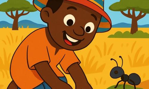 A man named Baba, smiling and joyful, wears a large colorful hat and a light fabric tunic. He has brown skin and sparkling eyes filled with happiness. Baba is picking up a shiny little pebble from the path, with a look of wonder on his face. Next to him, a small ant, with a black body and twitching antennae, busily works on a green leaf, showing her dedication. She is tiny and industrious, moving quickly around Baba. The setting is a sunny savanna, with golden grasses dancing in the wind. Majestic trees stand in the distance, and a bright blue sky is dotted with fluffy white clouds. The main scene shows Baba, happy, discovering the shiny pebble, while the ant works beside him. The atmosphere radiates joy and camaraderie in nature.