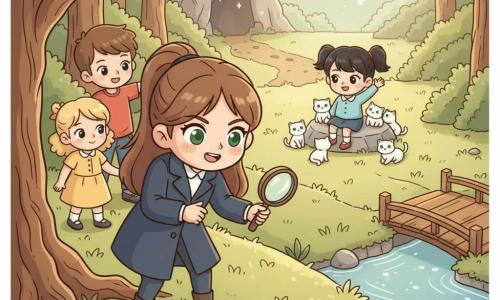 Una giovane detective dal viso rotondo e capelli castani raccolti in coda, con un cappotto blu scuro e una lente brillante nella mano destra, osserva con sguardo determinato e sorridente delle piccole impronte vicino a una grande quercia; una bambina di 8 anni con capelli biondi ricci e vestito giallo tiene la mano di un'altra bambina e guarda la detective con sollievo, mentre un ragazzo di 10 anni con capelli castani corti e maglietta rossa indica un sentiero fangoso; la bambina scomparsa di circa 7 anni, capelli neri in coppia, è seduta su una roccia al centro di una radura luminosa circondata da gattini bianchi dagli occhi azzurri, sorridente e che saluta; sullo sfondo un piccolo ponte sul ruscello, erba e fiori selvatici e stalattiti luminose che suggeriscono l’ingresso di una caverna segreta; atmosfera dolce, colori pastello, luce calda, composizione centrata con linee chiare e forme morbide.
