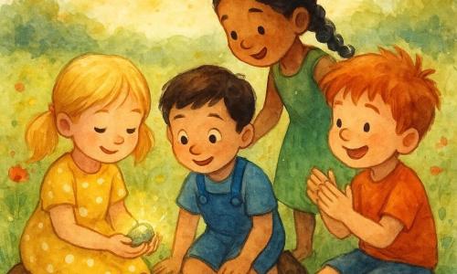 Vier kinderen zitten in een zomerse tuin op groen gras met wilde bloemen: Anna, meisje van ongeveer 5 jaar met blonde vlechtjes en een gele stippenjurk links, houdt een glinsterend steentje in haar hand; Tom, jongen ±5 met kort bruin haar en een blauwe tuinbroek, knielt rechts van Anna en kijkt nieuwsgierig; Mia, meisje ±5 met zwart gevlochten haar en een groene rok, staat achter hen en reikt naar het steentje; Sam, jongen ±5 met rood warrig haar en een oranje T‑shirt, zit rechts van Tom en lacht terwijl hij zachtjes applaudisseert. Op de achtergrond een struikje, warme laagstaande zon en pastelkleurige lucht; de scène is intiem, vriendelijk en licht magisch, geschilderd in aquarel met natte texturen en gecontroleerde spatten.