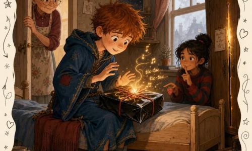 Een jonge leerling-tovenaar, Milo, kijkt verwonderd en een beetje bezorgd — rond gezicht, sproeten, warrig haar en grote heldere ogen — zittend op de rand van zijn lichte houten bed in een versleten blauwe tovenaarstuniek met een gerepareerde elleboog, terwijl hij een glanzend zwart pakje met rood koord vasthoudt dat zacht gloedt; uit het pakje komen fijne lichtdraden en een magisch tikken als gouden muzieksnoten. Grootmoeder Linde (±70) staat in de deurstijl met grijs haar in een knot, bloemen schort en een vriendelijke, nieuwsgierige blik; Noor (±11) staat bij het raam in een gestreepte trui, glimlachend en fluisterend, wijzend naar het pakje terwijl ze een aardbei-gum vasthoudt. De kleine warme kamer heeft een houten vloer, sterrenposters, een oude kast met een scheur waar amberlicht uit sijpelt, en een raam met witte mist en silhouetten van huizen; kleuren zijn warm (amber, rood, nachtelijk blauw) met versleten stoffen en gelakte houttexturen, en krabbels van sterren, sleutels en wolken als overlay — sfeer: opgeschoren moment van huiselijk comfort en naderende magie.
