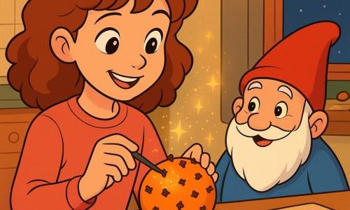 Ein 10-jähriges Mädchen mit lockigem kastanienbraunem Haar und strahlenden Augen sitzt konzentriert und fröhlich an einem Küchentisch und steckt Nelken in eine Orange. Ein kleiner Zwerg mit weißem Bart und roter Mütze, der ein freundliches Gesicht hat, steht neben ihr und beobachtet bewundernd. Die Küche ist warm und einladend, mit Lichterketten und Weihnachtsplätzchen auf der Theke. Die Hauptszene zeigt das Mädchen und den Zwerg in einer magischen Atmosphäre, mit goldenen Funken, die um die duftende Orange schweben.