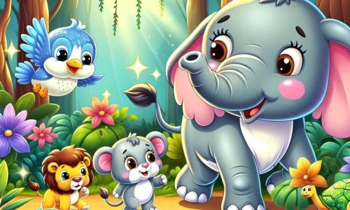 A cute and joyful elephant named Ellie stands at the center of the scene, with large floppy ears and a bright smile. Her body is gray with pink spots on her cheeks, and she has a little tail that wags with excitement. Next to her, Benny, a small blue bird with shiny feathers, flutters around Ellie, looking worried but hopeful. Further away, Lily, a golden-furred lion cub, plays with a ball of leaves, while Timmy, a green and shiny turtle, slowly makes his way toward them. 

The scene takes place in a lush jungle filled with colorful flowers, large trees with thick trunks, and hanging vines, creating a magical atmosphere. In the background, a sparkling stream reflects the sunlight. 

Ellie and her friends help Benny find his lost nest, and together they come up with a plan for Benny to reach his nest high up in a tree.