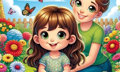 Ein 6-jähriges Mädchen namens Emma mit langen kastanienbraunen Haaren und neugierigen Augen sitzt in einem bunten Garten, umgeben von leuchtenden Blumen in allen Farben. Sie trägt ein leichtes blumiges Kleid und ein großes Lächeln erhellt ihr Gesicht, das ihre Freude am Entdecken der Natur zeigt. Neben ihr steht ihre Mama, eine Frau in ihren Dreißigern mit zu einem Dutt gebundenen braunen Haaren und einem grünen T-Shirt, die Blumen pflanzt. Sie hat einen liebevollen und ermutigenden Blick und beobachtet ihre Tochter stolz. Der Garten ist üppig, gefüllt mit gelben, roten und blauen Blumen, Schmetterlingen, die umherfliegen, und einem majestätischen Baum im Hintergrund, wo ein kleines Spatzennest sichtbar ist. Der Himmel ist strahlend blau, gesprenkelt mit einigen flauschigen weißen Wolken. In dieser Szene entdecken Emma und ihre Mama gemeinsam die Schönheit des Frühlings, indem sie Blumen pflanzen und Insekten beobachten, während sie einen Moment der Verbundenheit und Freude teilen.
