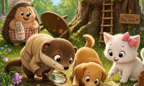 De hoofdpersoon is een jonge dasdetective, klein en mollig, met een sluwe glimlach, te grote beige jas, glanzende loep in een poot, gebogen over koekjeskruimels op de grond, dichtbij snuffelt puppy Harry, lichtbruine vacht, opgewonden ronde ogen, kwispelende staart aan een spoor van kruimels naast haar, poesje Pip is wit met een roze strik aan het oor, verbaasd en vrolijk, wijst naar een verkreukeld papiertje bij het picknickkleed, bakker Diederik is een mollige egel in een geruit schort met een vriendelijke glimlach, houdt een lege melkfles bij een omgevallen houten tafel, boven hen in de hoge boomtoren zit een nest met twee kleine gekleurde vogeltjes die naar beneden kijken met een koekje tussen de pootjes, locatie: zonnige open plek in het bos met een rood-wit picknickkleed, houten tafel met kruimels, wilde bloemen, groen gras en een grote holle boomtoren met een houten ladder, hoofdscène: de detective volgt een spoor van kruimels van het kleed naar de toren, de vrienden gegroepeerd rond haar met een vrolijk onderzoekende uitdrukking, zacht licht en felle kleuren.