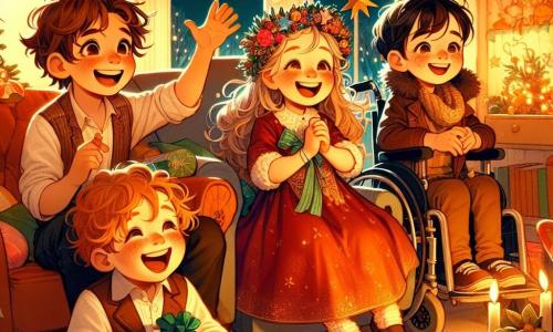 In un soggiorno accogliente, quattro bambini si preparano per la festa di Capodanno. A sinistra, Luca, un ragazzo di 8 anni con capelli castani e un grande sorriso, tiene una stella di carta colorata e guarda i suoi amici con entusiasmo. Accanto a lui, Sofia, una ragazza di 7 anni con capelli biondi e ricci, indossa un vestito rosso brillante e appende stelle di carta al soffitto, illuminando la stanza con la sua gioia contagiosa. Al centro, Marco, un ragazzo di 9 anni con occhiali e capelli neri, è seduto su un cuscino, raccontando una storia con gesti espressivi, catturando l'attenzione dei suoi amici. Infine, a destra, Chiara, una ragazza di 8 anni con capelli castani e una bella corona di fiori, è sulla sua sedia a rotelle, sorridente, mentre tiene un piccolo vaso con una piantina che inizia a germogliare. Il soggiorno è decorato con festoni scintillanti e luci colorate, con un grande albero di Natale in un angolo, pieno di decorazioni luccicanti. La situazione principale mostra i bambini uniti, pronti a celebrare il Capodanno, con stelle di carta in mano, circondati da risate e magia, mentre aspettano con impazienza il momento di condividere i loro sogni per l'anno a venire.
