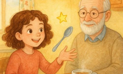 Una ragazza di 10 anni, di nome Nina, con capelli castani ricci e occhi scintillanti, sorride gioiosamente. Allunga la mano verso un cucchiaio che fluttua nell'aria, concentrata ma divertita. Un nonno di 70 anni, con barba bianca e occhiali rotondi, osserva la scena con un sorriso benevolo, seduto a un tavolo da cucina in legno. Una stella luminosa, piccola e scintillante, fluttua accanto a Nina, emanando una dolce luce dorata. La cucina è accogliente e colorata, con pareti gialle e tende a motivi floreali, illuminata dalla luce del mattino. La scena principale mostra Nina che usa il suo 