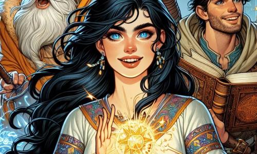 Al centro dell'immagine, Lira, una giovane donna di circa 20 anni, si erge con orgoglio. I suoi lunghi capelli neri fluttuano nel vento e i suoi occhi brillano di un blu intenso, colmi di determinazione e meraviglia. Indossa una tunica leggera decorata con motivi colorati e tiene in mano un cristallo scintillante, il Cuore di Zarak, che emette una dolce luce dorata. Alla sua destra, Kadir, un giovane di circa 22 anni, muscoloso e sorridente, brandisce con entusiasmo una spada di legno. Ha i capelli castani disordinati e indossa un'armatura leggera di cuoio, pronto a difendere Lira. A sinistra, Zaruk, un mago eccentrico di circa 40 anni, con una lunga barba bianca e occhiali rotondi, osserva la scena con un sorriso malizioso. Indossa una veste colorata, punteggiata di stelle scintillanti, e tiene un libro antico in una mano, come se fosse pronto a lanciare un incantesimo. Lo sfondo è una grotta misteriosa, con pareti di pietra scintillanti illuminate da cristalli colorati. La situazione principale mostra Lira, circondata dai suoi amici, di fronte a un maestoso drago dalle scaglie fiammeggianti, che li osserva con curiosità. Lira, con uno sguardo sicuro, si prepara a risolvere l'enigma del drago per ottenere il cristallo magico, mentre Kadir e Zaruk sono pronti ad aiutarla.